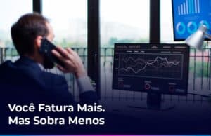 Gestor comercial analisando queda de margem mesmo com aumento nas vendas, destacando eficiência operacional e meios de pagamento com a Vyrtos Tecnologia.