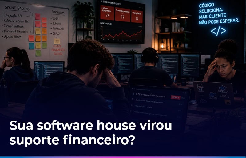 Imagem representando uma software house lidando com suporte financeiro invisível, falhas de pagamento e desgaste operacional na rotina comercial.