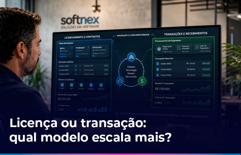 Gestor de software house comparando receita por licença e receita gerada por transações dos clientes.