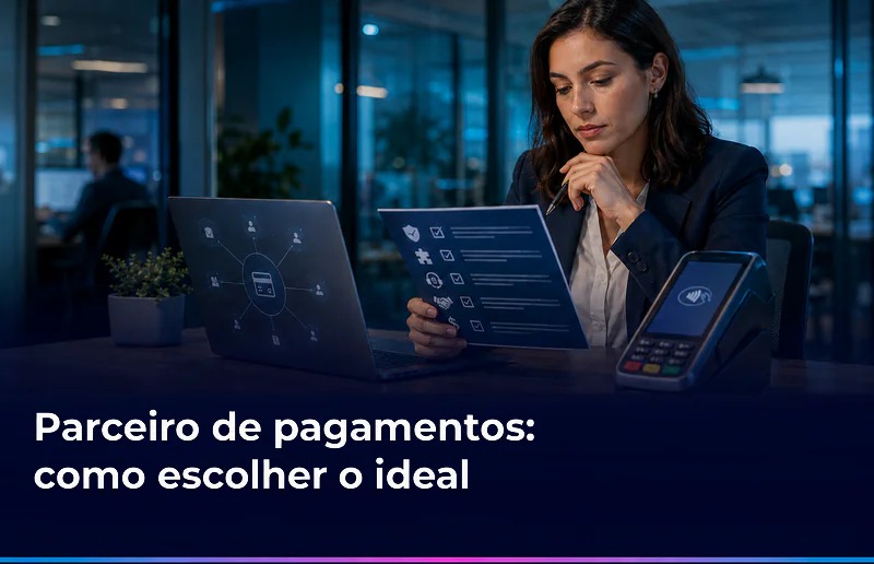 Profissional avalia um checklist ao lado de notebook e terminal Smart POS para escolher um parceiro de meios de pagamento.