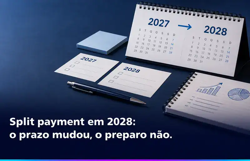 Calendário apresenta a transição do split payment de 2027 para 2028 em uma mesa de planejamento.webp