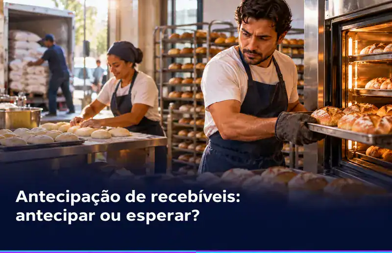 Equipe de padaria mantém produção enquanto negócio avalia antecipação de recebíveis.